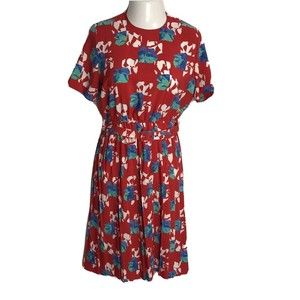 Breli Originals Floral Geek Secretary Vintage Dress ~ Sz 10 ~ Red ~ Pleated